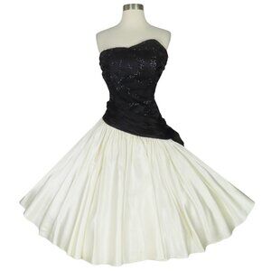 Vintage 80s Strapless Black Off White Full Circle Skirt Prom Gown Party Dress M